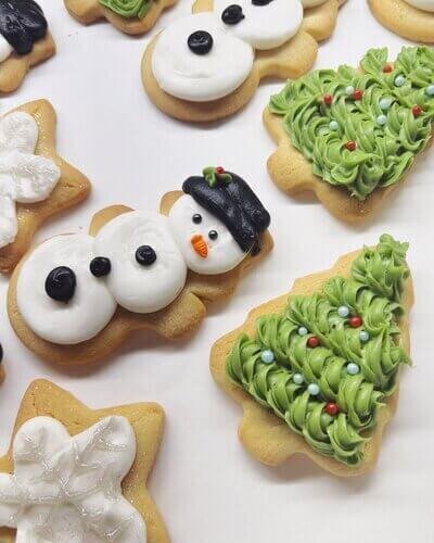 iced christmas snowmen and tree cookies