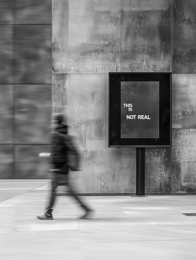 Blurry person walking next to a sign that says "this is not real"