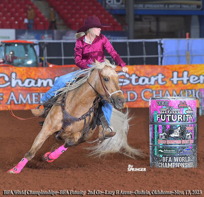 A Royalty Vet client and her barrel horse running barrels at the BFA Futurity.