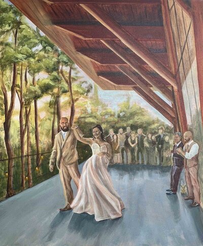 Live wedding painting of newlyweds dancing