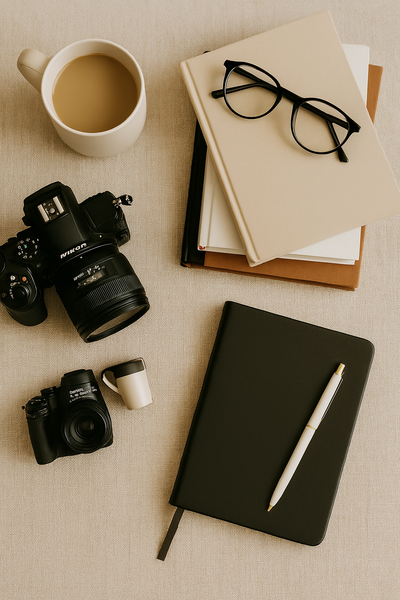 Flat lay showing a curated collection of self-help books, photography accessories, and lifestyle essentials in calming brand tones, ideal for creatives shopping Amazon.

