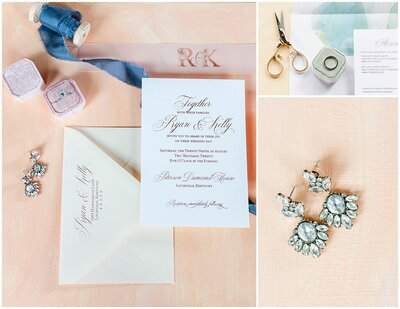 gold and white invitation suite with peach and blue details – Asheville NC Wedding Photographer | Tracy Waldrop