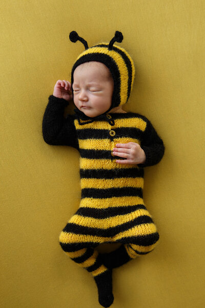 Infant dressed in a bumble bee costume sleeping on a yellow blanket photographed by professional newborn photographer