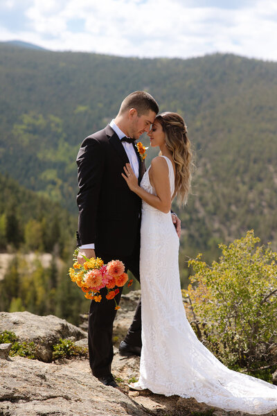 Golden-hour portraits of the bride and groom, cinematic and romantic Colorado wedding photography