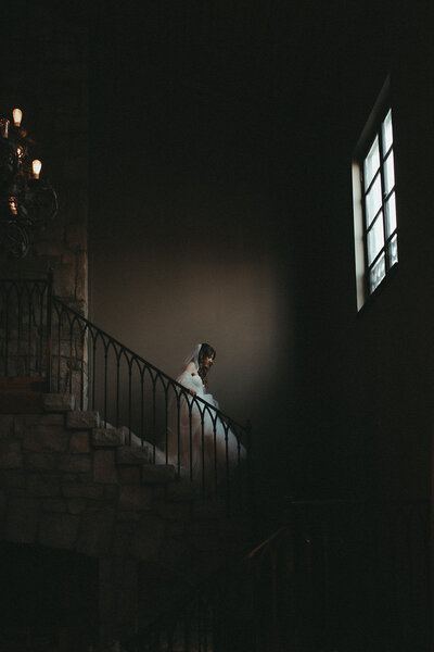 Bride walking down the staircase epic bridal shot, Intimate Wedding Photography NYC and Asheville Area
