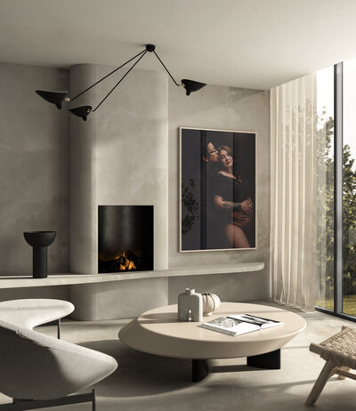 A framed portrait by Tamara Hudson Studios displayed in an ultra‑modern living room, showing how custom photography becomes statement artwork for the home.