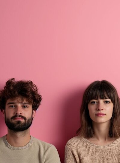 Serious couple sitting side by side against a pink background, symbolizing emotional distance and the impact of lacking intimacy explored in the blog post “Can Lack of Intimacy Ruin a Relationship?” by Idit Sharoni, LMFT with Relationship Experts in Florida.