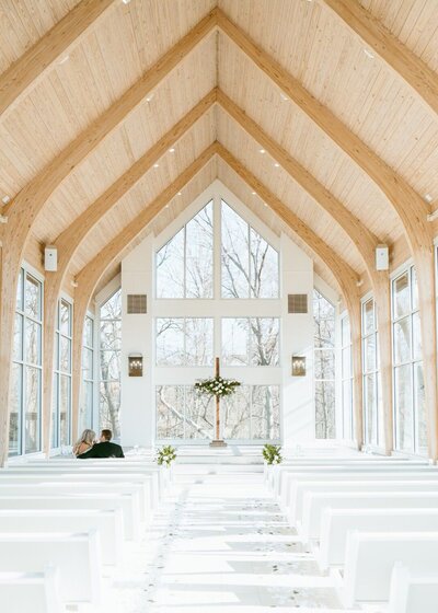 Classic tulsa glass chapel wedding portrait in Oklahoma, featured in Joy and Light Photography wedding photographer reviews.