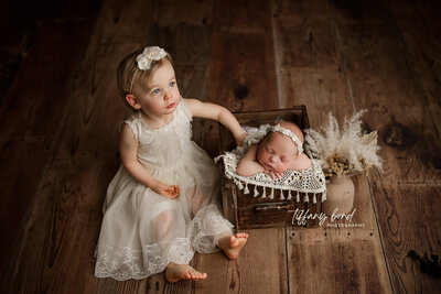 Toddler girl sitting next to her newborn baby sister who is laying in a basket.