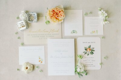 blue and white invitation suite with hand painted elements