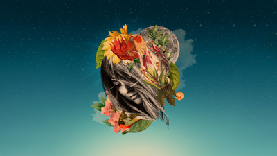 Collage of woman's head with birds flowers moon and stars