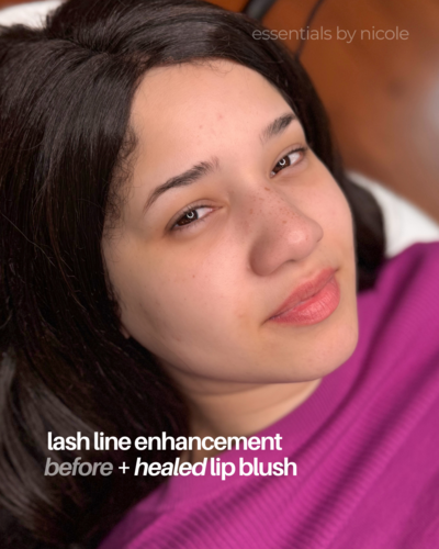 Healed lip blush on pale lips showing a soft pink wash of color and permanent eyeliner tattoo at Essentials by Nicole