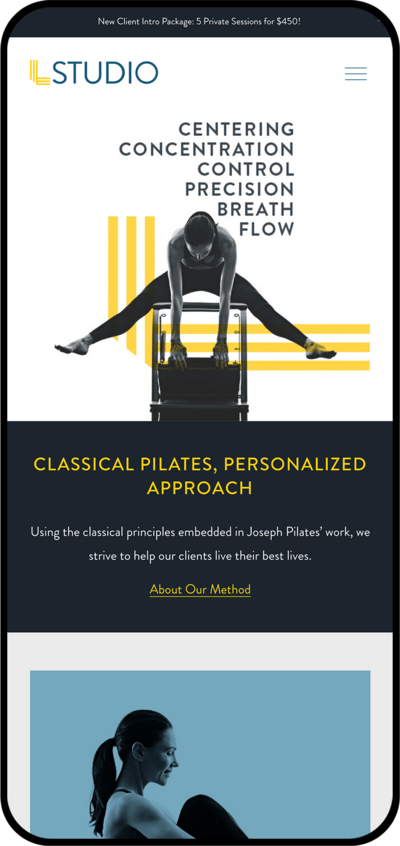 iPhone mockup of L Studio Pilates homepage