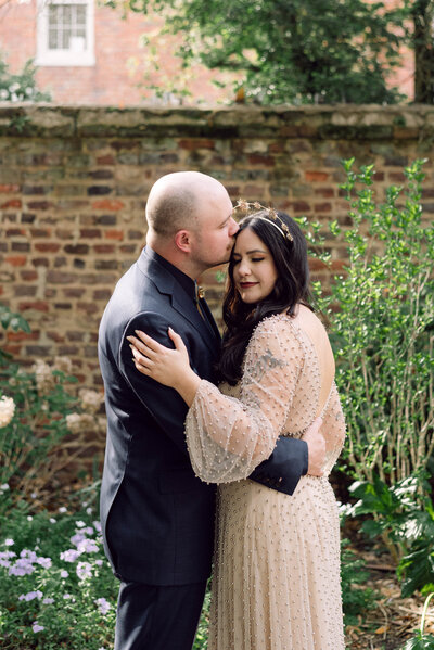 Emotional first look between the couple at Quirk Hotel, photographed with a nostalgic editorial aesthetic.