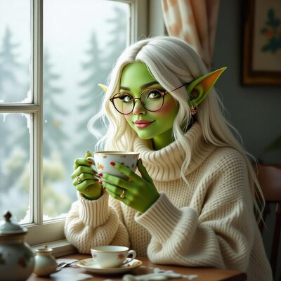 Goblin girl wearing a winter sweater drinking a cup of tea by the window