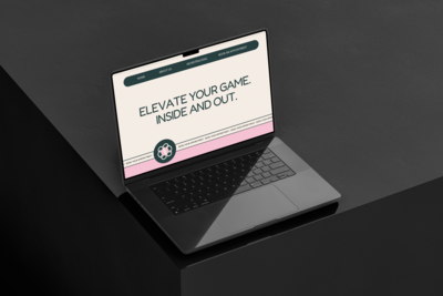 Mockup of a laptop on which. itsays "Elevate your game. Inside and out." for MiM SportLab