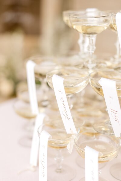 Close up of champagne  glasses before Seville, Spain Wedding.