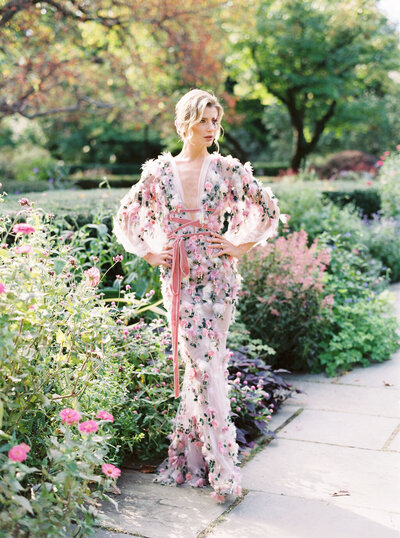 Floral applique Marchesa gown in Central Park New York City fashion photoshoot