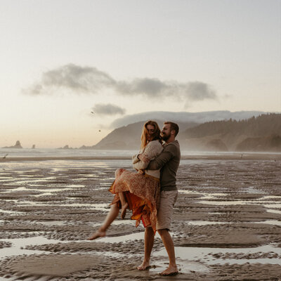 The couple playfully ran along the beaches on the coast of Oregon for their anniversary photos. The sunset over the water gave the most beautiful foggy colors.