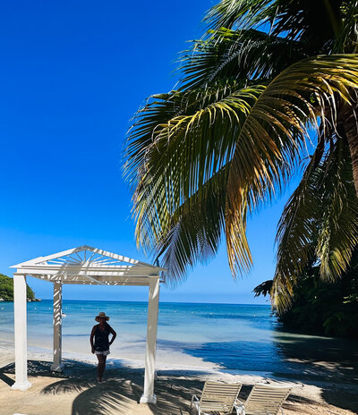 A secluded beach wedding gazebo framed by palm trees, offering a romantic oceanfront setting for a destination wedding.