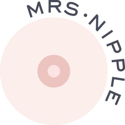Neutral colored circular graphic to resemble a breast with Mrs. Nipple text curved around it
