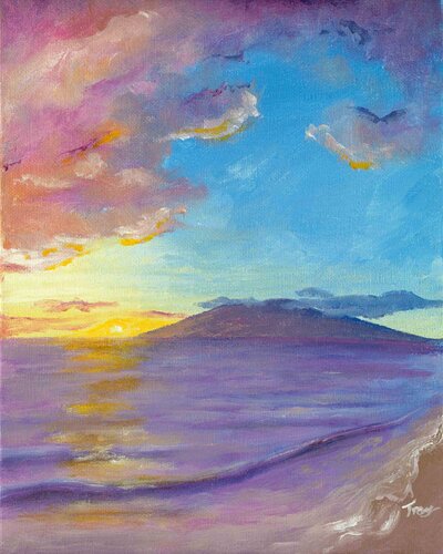 Painting of a purple susnet ove a distant island, viewed from a Kihei beach  on Maui