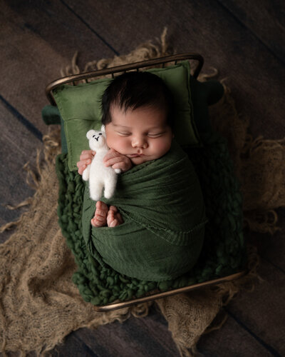 Newborn baby wrapped in dark green fabric holding felt bear, posed on rustic bed in Austin photography studio.