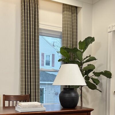 Plaid Twopages curtains hanging in office