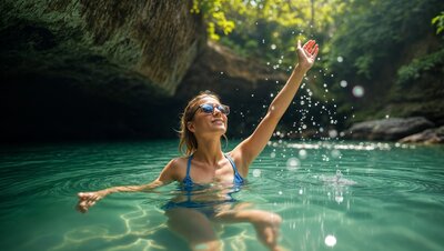 a woman in a water, raising her arm.