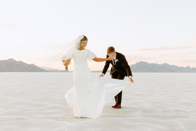 A wedding at the Bonneville Salt Flats in Utah.