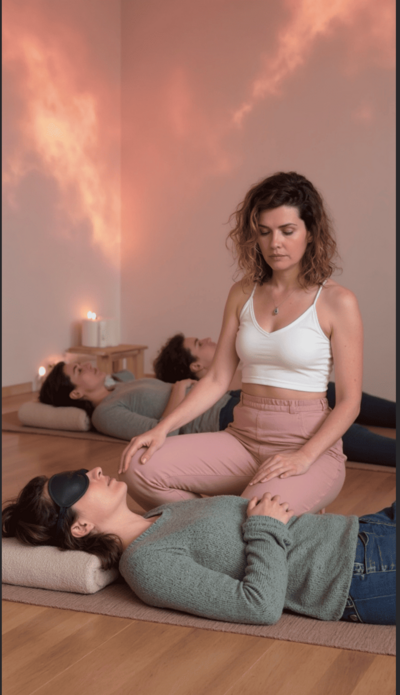 Tapis, coussin et couvertures dans une salle pour une séance collective de breathwork