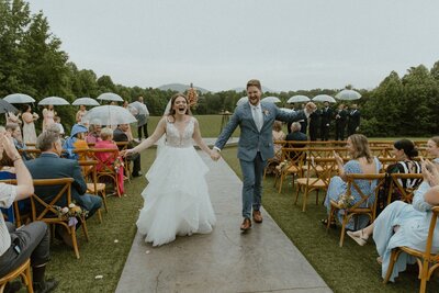 Newlyweds laughing together, electric energy in every glance