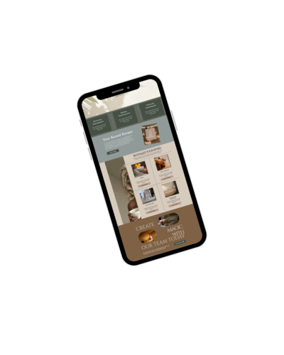 Spa website on an iphone. The vibe for this website is clean, modern, and earthy tones created by first and third designs