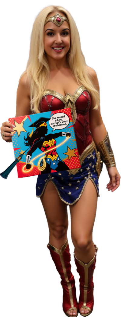 Buffy wearing Wonder Woman Cosplay costume and holding a custom painted Wonder Woman themed pop-art style graduation cap with a motivational quote: "She needed a hero, so that's what she became."