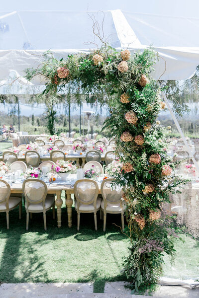 Floral design for Dinner reception in Montecito for birthday under clear-top tent