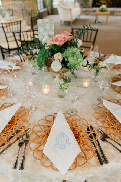 Luxury wedding reception with white china and gold foil menus