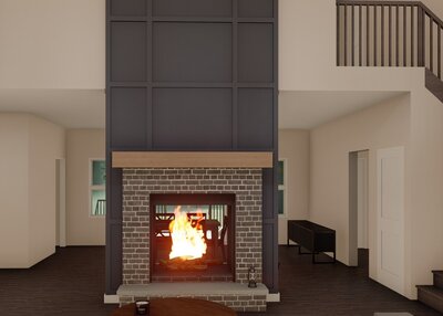 Interior fire place render with bookshelves