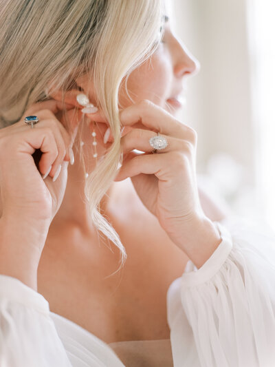 Portrait of a bride during getting ready for her Downtown Denver wedding.