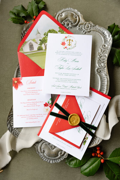 elegant wedding invitations with red and green accent colors