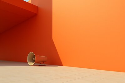 A minimalist scene featuring a large beige megaphone resting on a sunlit tile floor, positioned against a vivid orange wall. The composition evokes a powerful sense of clarity and focus, representing the impactful messaging enabled by vacation fundraising for charities.