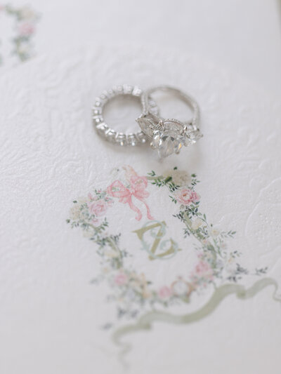 A delicate photo by Holly Clark of a bride's rings on her wedding day in the South of France.
