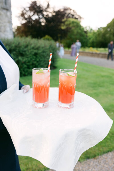 Image of the waiter holding cocktails for wedding guests in the garden of Luttrellstown Castle