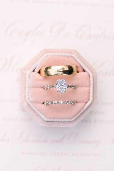 Wedding rings in pretty pink box