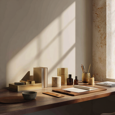 minimal workspace of website designer in sundrenched studio