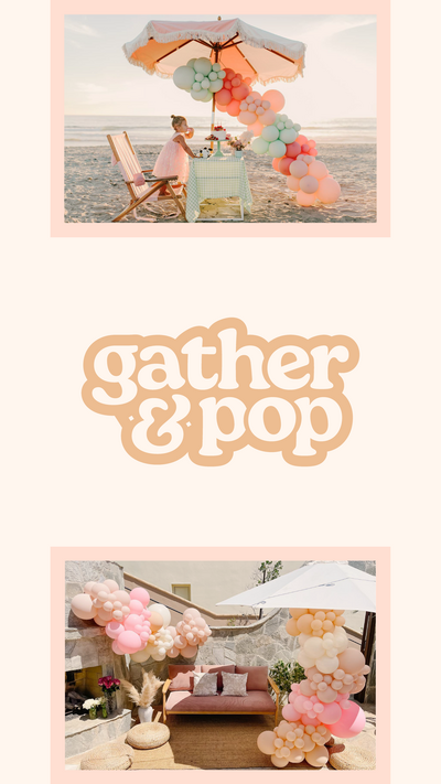 Gather & Pop logo in between two images of balloon party decor with pink borders on a cream background