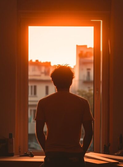 Man standing by a window at sunset, reflecting with regret and sincerity, representing the inner work and emotional growth discussed in the “How to Express Remorse After Infidelity” episode of the Relationships Uncomplicated Podcast with Idit Sharoni, LMFT.