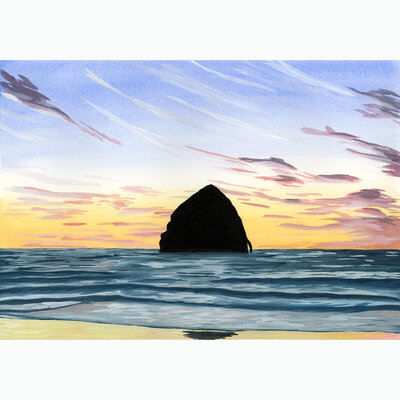 Gouache painting of the seastack at Cape Kiwanda at sunset by surf artist Amy Duffy