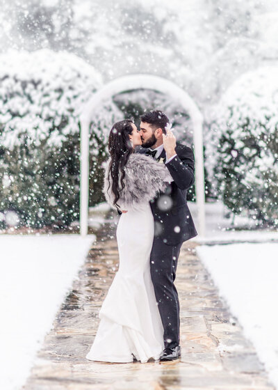 Bride and groom winter wedding in the snow