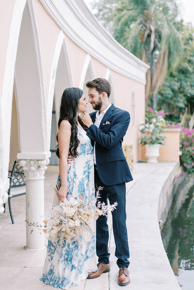 couple dressed up for outdoor engagement session at the Mirasol
