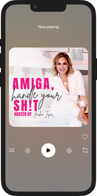 Phone mockup of podcast cover of Amiga, Handle Your Sh!t